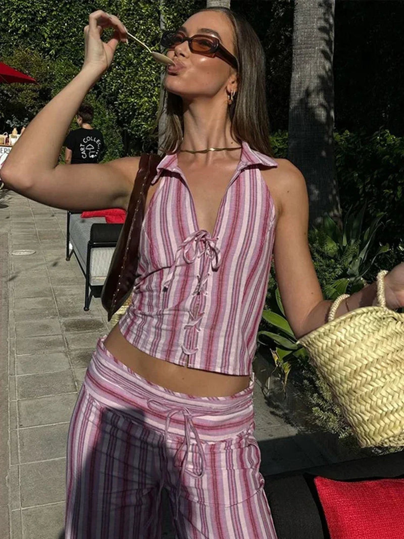 Striped Lace up Women Vest Pants Set Summer Sleeveless Backless Slim Lady Top Sets 2025 Fashion Straight Casual Female Pant Suit