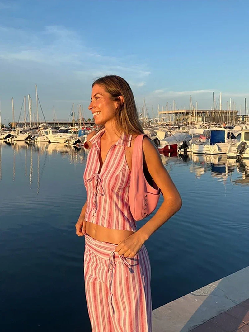 Striped Lace up Women Vest Pants Set Summer Sleeveless Backless Slim Lady Top Sets 2025 Fashion Straight Casual Female Pant Suit