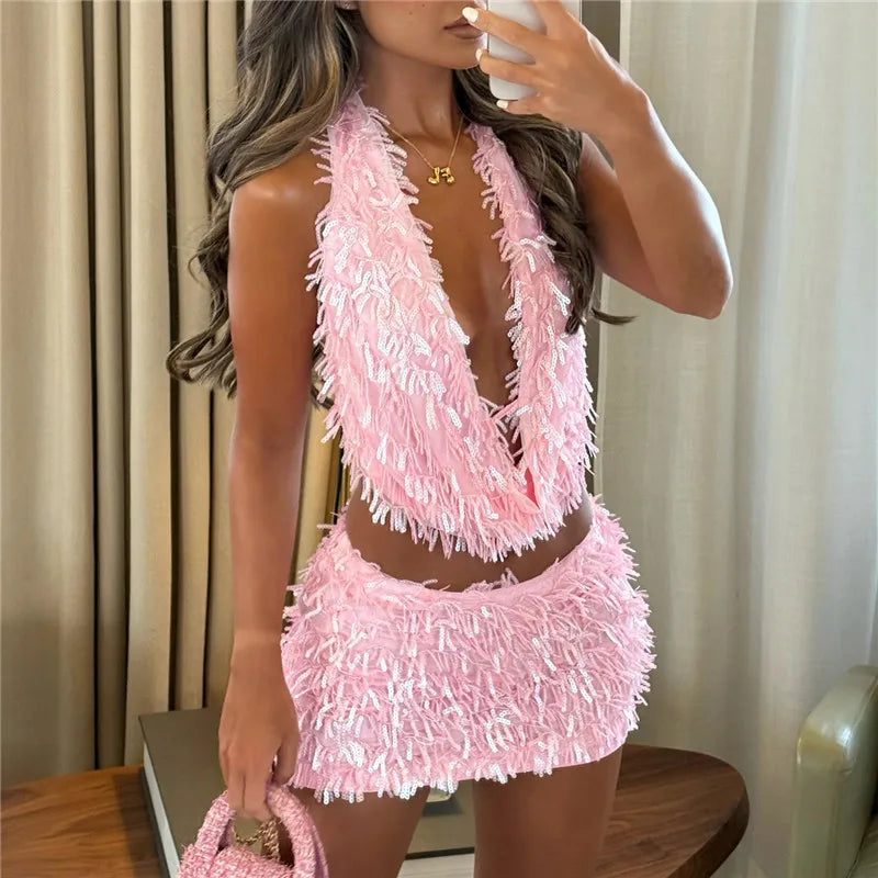 The Chloe Sequin Tassels Mini Skirt Set | (2-Piece)