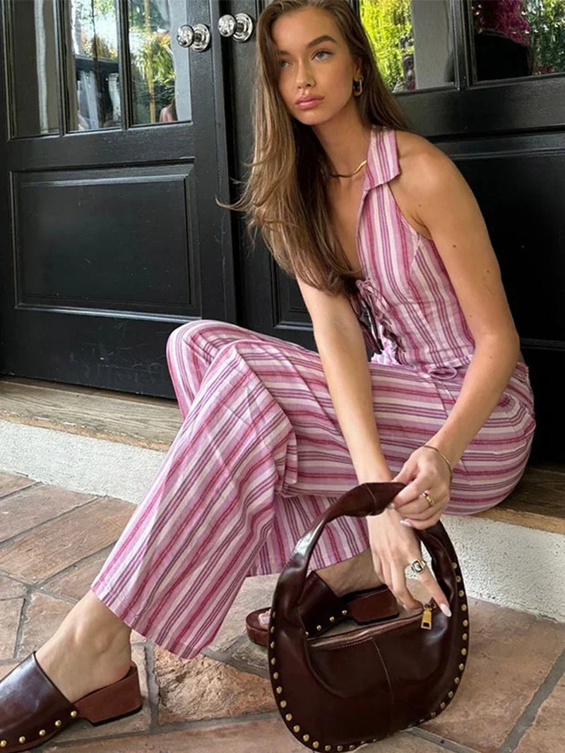 Striped Lace up Women Vest Pants Set Summer Sleeveless Backless Slim Lady Top Sets 2025 Fashion Straight Casual Female Pant Suit
