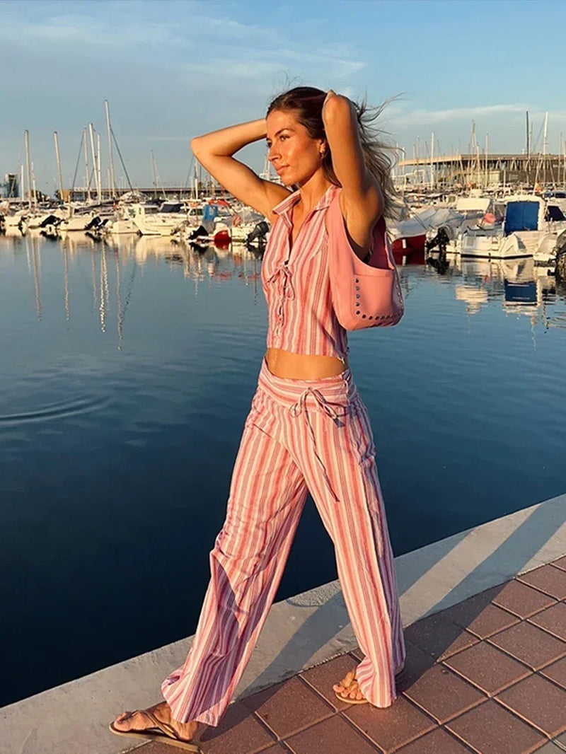 Striped Lace up Women Vest Pants Set Summer Sleeveless Backless Slim Lady Top Sets 2025 Fashion Straight Casual Female Pant Suit