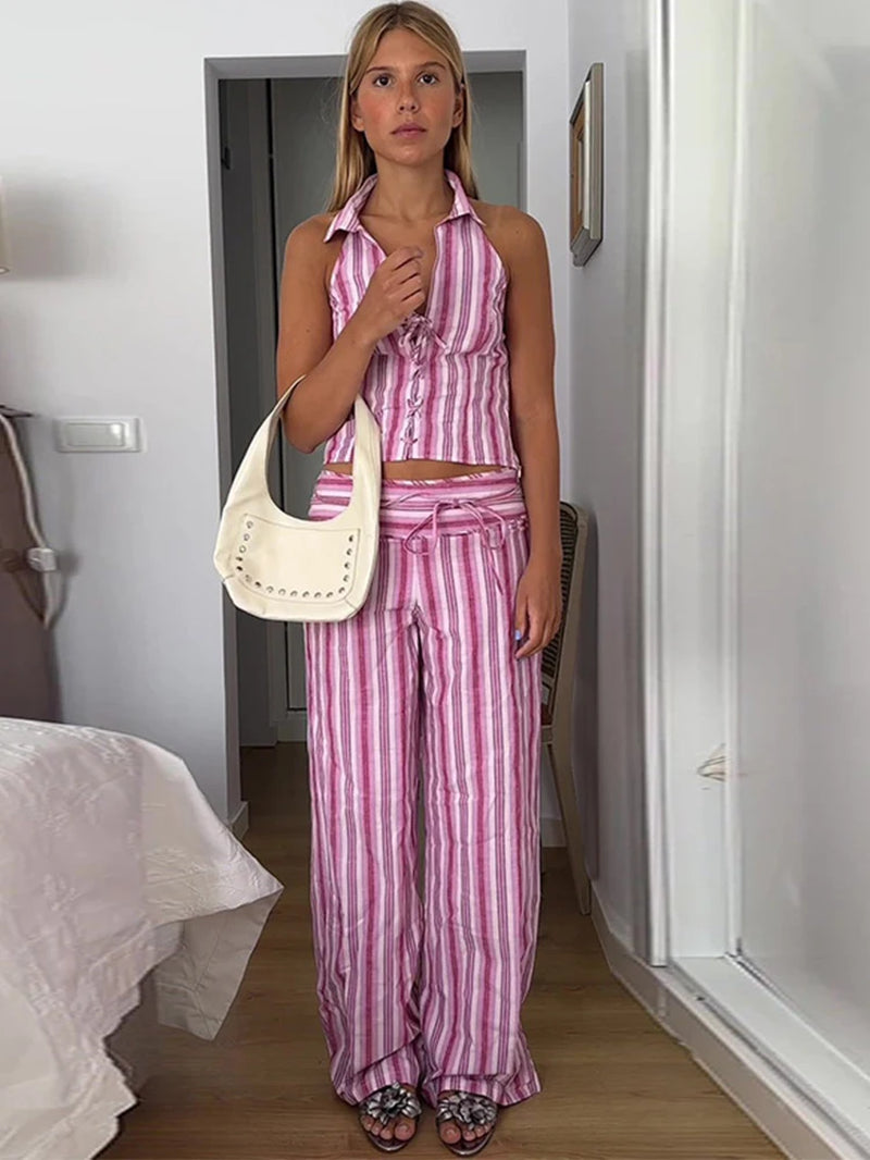 Striped Lace up Women Vest Pants Set Summer Sleeveless Backless Slim Lady Top Sets 2025 Fashion Straight Casual Female Pant Suit