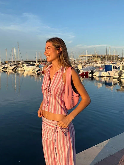 Striped Lace up Women Vest Pants Set Summer Sleeveless Backless Slim Lady Top Sets 2025 Fashion Straight Casual Female Pant Suit