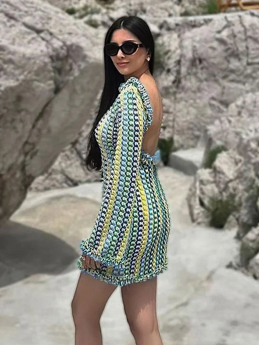 Sexy Backless Flare Sleeve Lace Knit Cut Out Party Beach Maxi Dress 2025 Summer Women Vacation Beachwear Swimsuit Cover up A2815