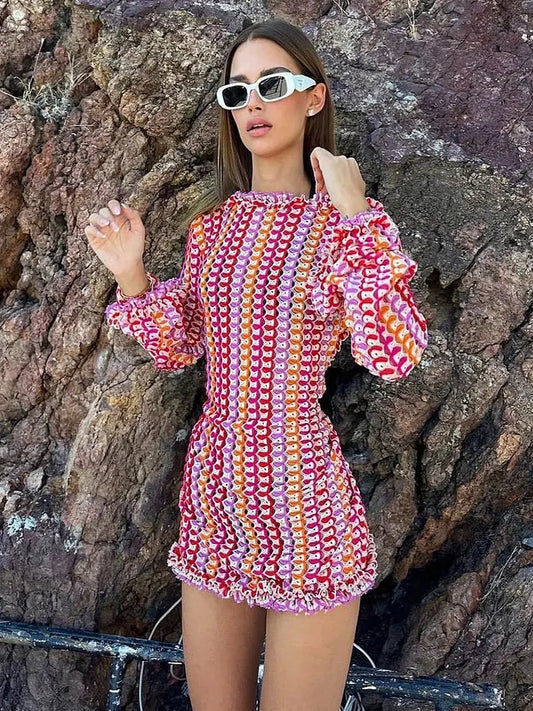 Sexy Backless Flare Sleeve Lace Knit Cut Out Party Beach Maxi Dress 2025 Summer Women Vacation Beachwear Swimsuit Cover up A2815